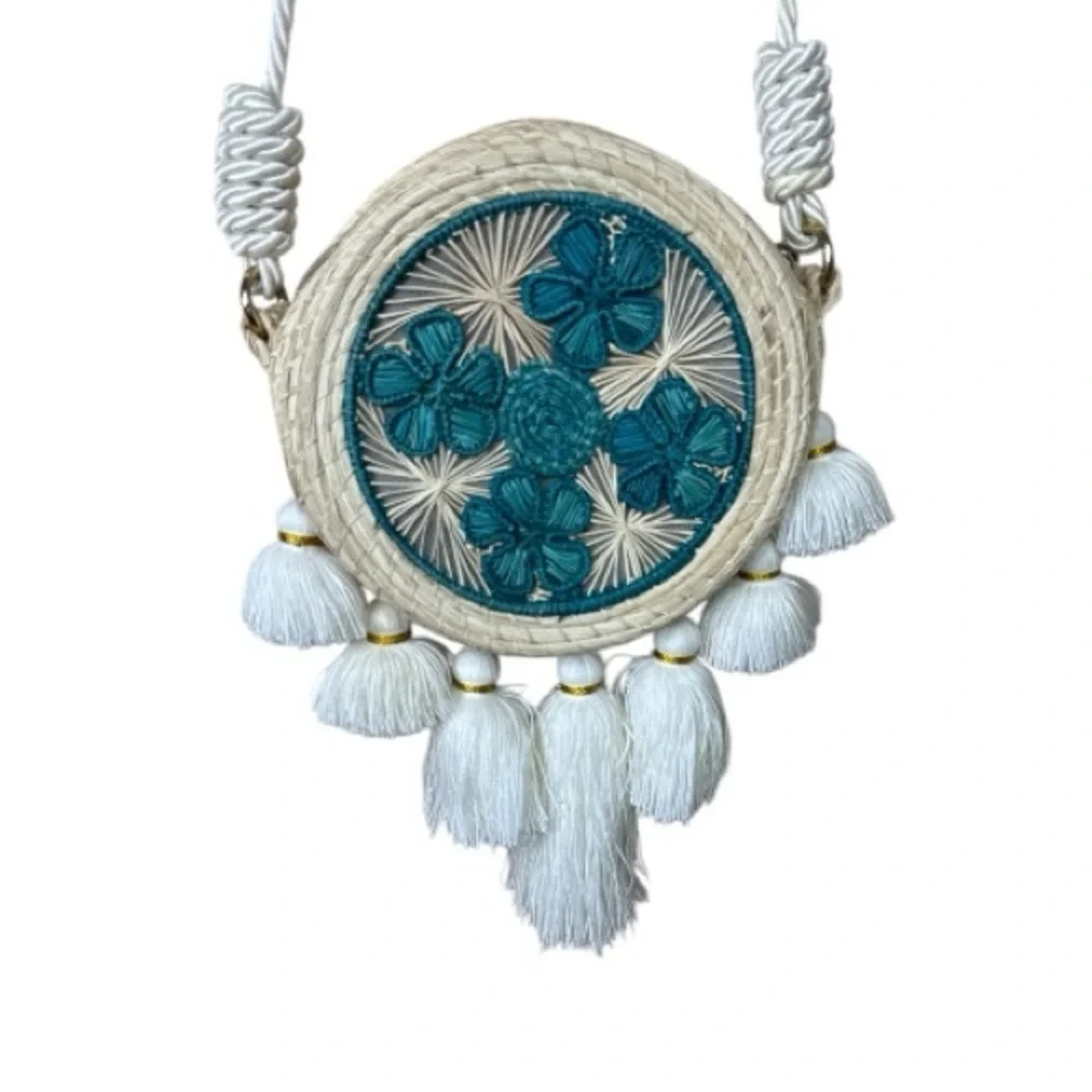 Boho Round Woven Crossbody Bag with Tassels | Teal Embroidery